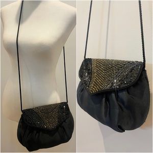 Vintage 80s Black Rayon Black and Gold Beaded and Sequined Crossbody/Clutch